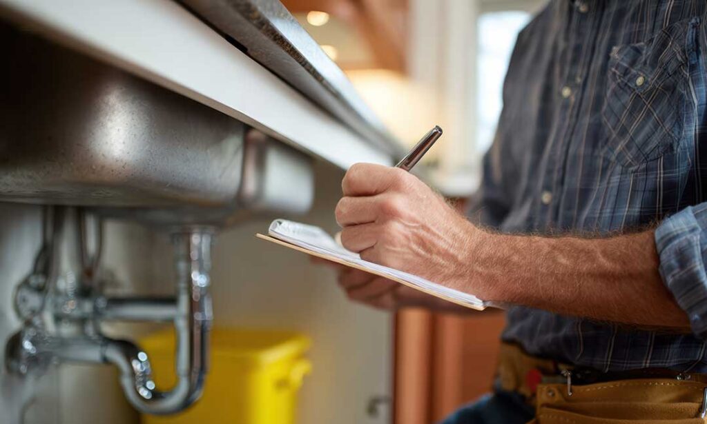 A technician examines pipes under a kitchen sink with tools and a flashlight in hand.