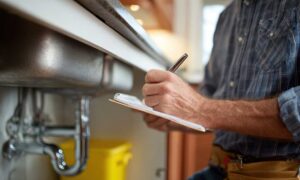 A technician examines pipes under a kitchen sink with tools and a flashlight in hand.